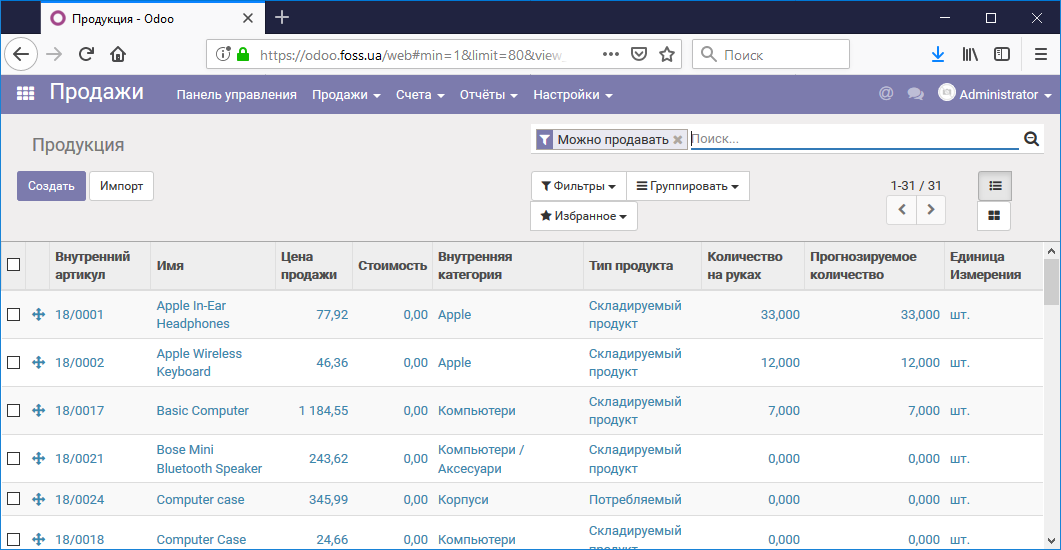 Спсок продукции на продажу