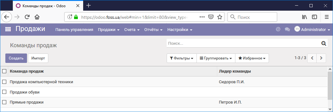 Список команд продаж