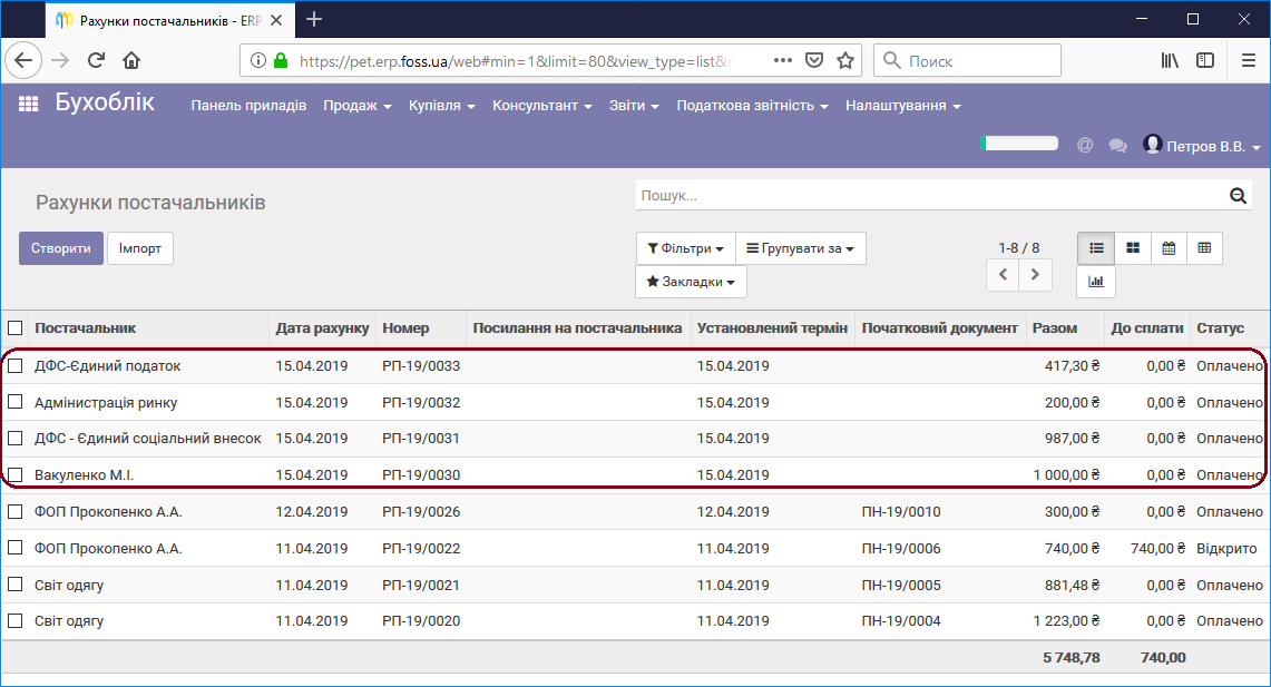 Список рахунків по сплаті оренди, обов'язкових платежів та винагород