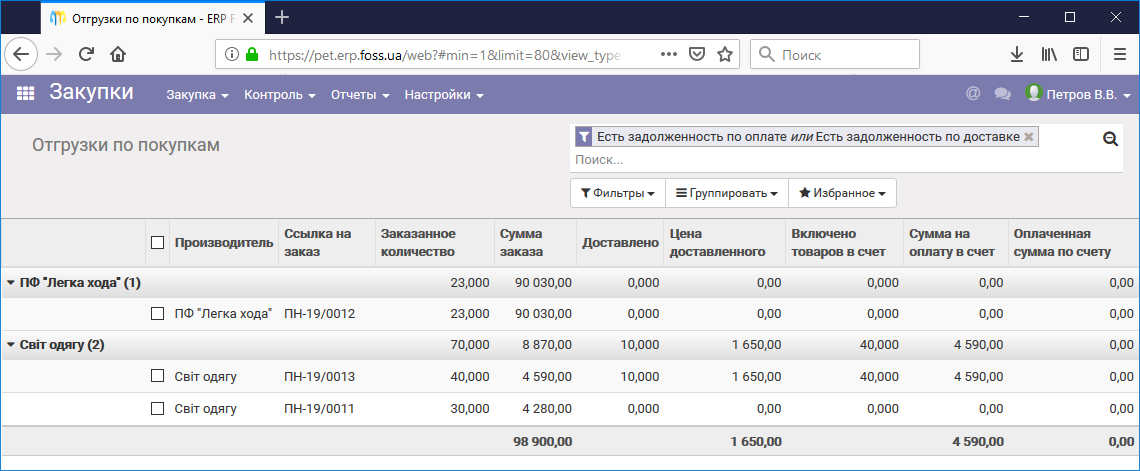 Отчет по взаимной задолженности по оплатам и отгрузкам