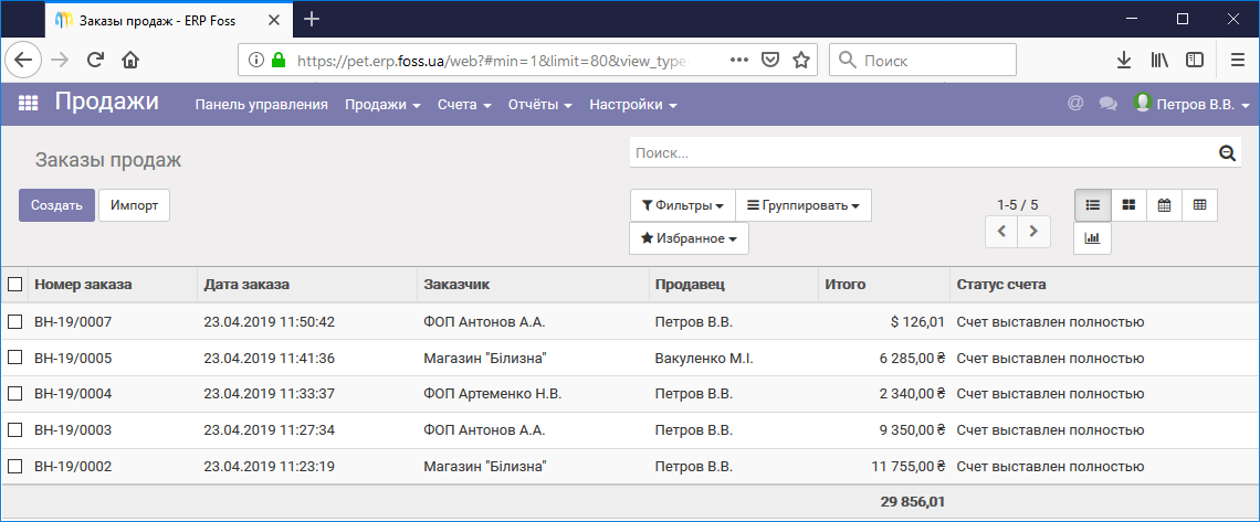 Список заказов продаж