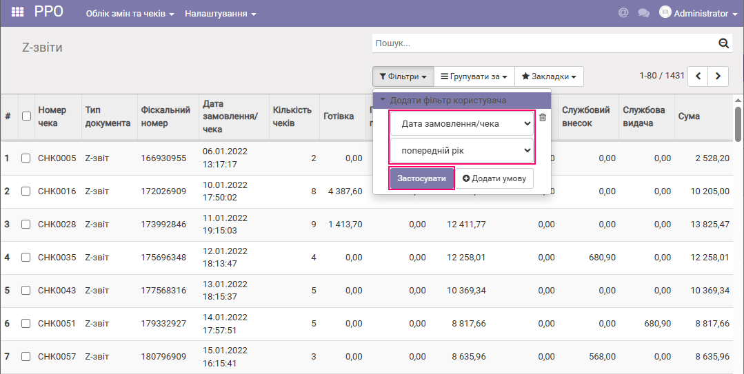 Дані для звіту податкової - фітльтрація за рік